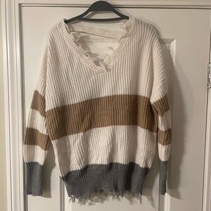 Moon and Madison Beige White Gray Striped Distressed Sweater Cut Out Back Size M